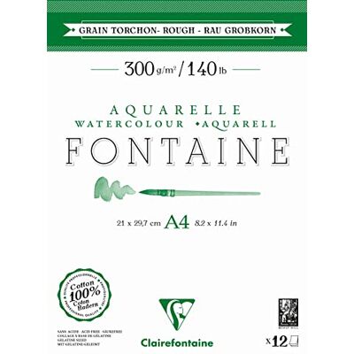 Clairefontaine 975949C Aquarellblock Fontaine DIN A4 21x29,7cm, mit 12 Bogen 300g Torchon/Rau, zweiseitig geleimt, 1 Block Clairefontaine 975949C Aquarellblock Fontaine DIN A4 21x29,7cm, mit 12 Bogen 300g Torchon/Rau, zweiseitig geleimt, 1 Block