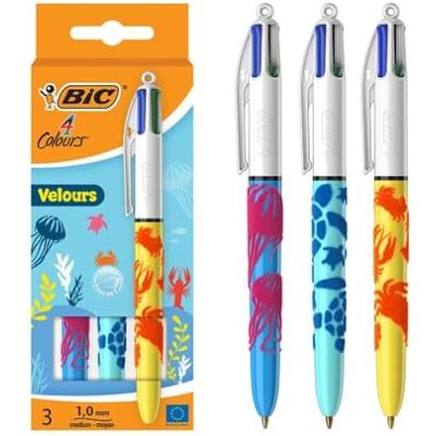 BIC 4 Colours Velours, Kugelschreiber, mittlere Spitze, 1 mm, verschiedene Designs, Blau, Rot, Grün, Schwarz, 3 Stück BIC 4 Colours Velours, Kugelschreiber, mittlere Spitze, 1 mm, verschiedene Designs, Blau, Rot, Grün, Schwarz, 3 Stück