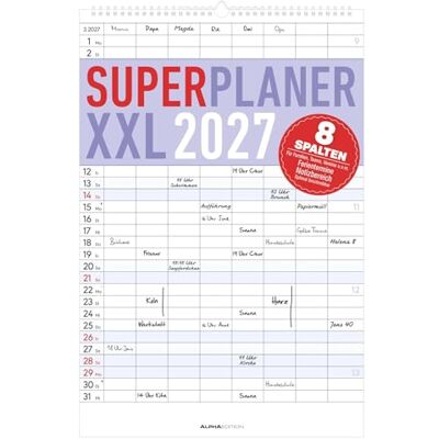 Alpha Superplaner XXL 8 Spalten 2027: Familienkalender 34x49,5 cm mit 8 Spalten, Schulferien, Feiertagen & Notizfeld, ideal für Familienorganisation Alpha Superplaner XXL 8 Spalten 2027: Familienkalender 34x49,5 cm mit 8 Spalten, Schulferien, Feiertagen & Notizfeld, ideal für Familienorganisation