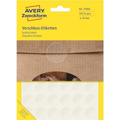Avery Art. 51068 Verschlussetiketten transparent rund (720 Siegel Etiketten, Ø18mm, selbstklebende Punktaufkleber aus Folie, für Produkt- und Versandverpackungen, handbeschriftbar) 15 Blatt Avery Art. 51068 Verschlussetiketten transparent rund (720 Siegel Etiketten, Ø18mm, selbstklebende Punktaufkleber aus Folie, für Produkt- und Versandverpackungen, handbeschriftbar) 15 Blatt