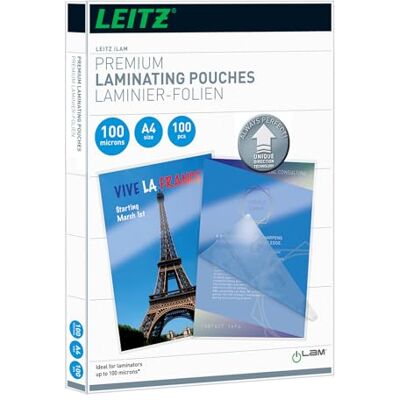 Leitz Heißlaminierfolien A4 100 mic, Laminierfolien in Premium-Qualität im 100er Pack, Glänzend, Transparent, Vereinfachtes Einlegen durch UDT, iLAM, 74800000 Leitz Heißlaminierfolien A4 100 mic, Laminierfolien in Premium-Qualität im 100er Pack, Glänzend, Transparent, Vereinfachtes Einlegen durch UDT, iLAM, 74800000