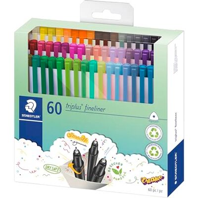 Staedtler Fineliner triplus, dreikant, superfeine, metallgefasste Spitze, Linienbreite ca. 0.3 mm, hohe Qualität Made in Germany, Set mit 60 brillanten Farben, 334 C60 Staedtler Fineliner triplus, dreikant, superfeine, metallgefasste Spitze, Linienbreite ca. 0.3 mm, hohe Qualität Made in Germany, Set mit 60 brillanten Farben, 334 C60