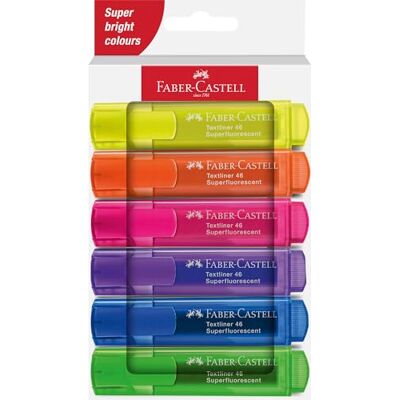 Faber-Castell 254646 Textmarker Set 46, 6er Etui, Neon Farben, mit langlebiger Keilspitze, Strichbreite 1-5 mm, nachfüllbar Faber-Castell 254646 Textmarker Set 46, 6er Etui, Neon Farben, mit langlebiger Keilspitze, Strichbreite 1-5 mm, nachfüllbar