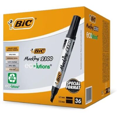 BIC Marking 2300 Permanent Marker, in Schwarz, Wasserfester Stift auch für Karton, Glas und Kunststoff, mit Keilspitze (Ecolutions), 36er Pack BIC Marking 2300 Permanent Marker, in Schwarz, Wasserfester Stift auch für Karton, Glas und Kunststoff, mit Keilspitze (Ecolutions), 36er Pack