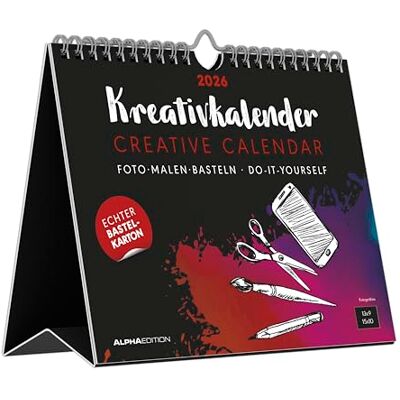 Alpha Kreativ-Kalender Tischaufsteller Quer Schwarz 2026 – Bastelkalender 20×16 cm mit weißer Schrift, zum Aufstellen & Aufhängen, ideal für Fotos, Zeichnungen & DIY-Geschenke Alpha Kreativ-Kalender Tischaufsteller Quer Schwarz 2026 – Bastelkalender 20×16 cm mit weißer Schrift, zum Aufstellen & Aufhängen, ideal für Fotos, Zeichnungen & DIY-Geschenke
