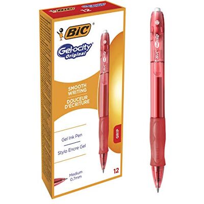 BIC Gel-ocity Original Gel-Roller, Medium, 12er Set in Rot, Tintenroller mit gummierter Griff-Fläche, schnelltrocknend BIC Gel-ocity Original Gel-Roller, Medium, 12er Set in Rot, Tintenroller mit gummierter Griff-Fläche, schnelltrocknend