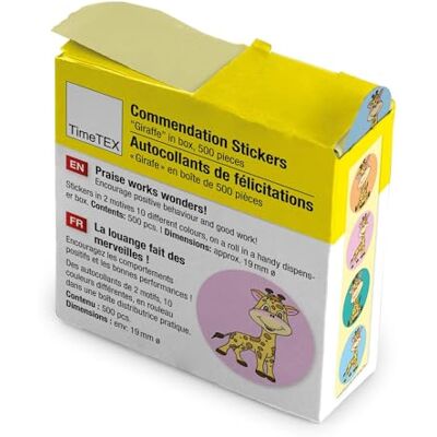 TimeTEX Belobigungs-Aufkleber "Giraffe" Lehrersticker für motivierendes Feedback 500 Sticker in praktischer Spender-Box 2 Motive mit verschiedenfarbigen Hintergründen 19 mm ø TimeTEX Belobigungs-Aufkleber "Giraffe" Lehrersticker für motivierendes Feedback 500 Sticker in praktischer Spender-Box 2 Motive mit verschiedenfarbigen Hintergründen 19 mm ø