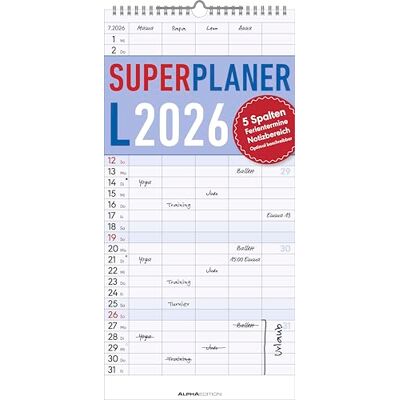 Alpha Superplaner L Familienkalender 2026 – 22x45 cm – Familien-Timer mit 5 Spalten & zusätzlichem Notizbereich – Perfekt für Familienorganisation Alpha Superplaner L Familienkalender 2026 – 22x45 cm – Familien-Timer mit 5 Spalten & zusätzlichem Notizbereich – Perfekt für Familienorganisation