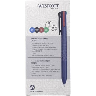 Westcott Vierfarbkugelschreiber EVERY4 5 Stück 4 Farben Kugelschreiber Blau, Schwarz, Rot, Grün Mehrfarbiger Kugelschreiber Dokumentenecht nach ISO 12757-2 E-730847 00 Westcott Vierfarbkugelschreiber EVERY4 5 Stück 4 Farben Kugelschreiber Blau, Schwarz, Rot, Grün Mehrfarbiger Kugelschreiber Dokumentenecht nach ISO 12757-2 E-730847 00