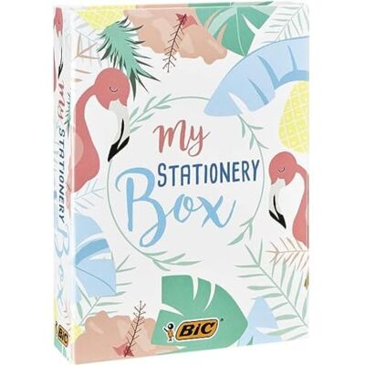 BIC Schreibwaren Set: 6 Kugelschreiber, 1 Notizbuch in DIN A5, 4 Textmarker, 10 Fineliner, 5 Permanent Marker, 1 Korrekturroller & 2 Haftzettelblöcke, My Stationary Box in Flamingo Design BIC Schreibwaren Set: 6 Kugelschreiber, 1 Notizbuch in DIN A5, 4 Textmarker, 10 Fineliner, 5 Permanent Marker, 1 Korrekturroller & 2 Haftzettelblöcke, My Stationary Box in Flamingo Design