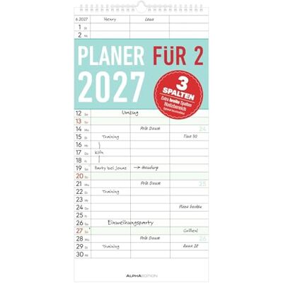 Alpha Planer für zwei 2027: Familienplaner 22x45 cm mit 3 Spalten, Schulferien, Feiertagen & Notizfeld, ideal für Paare oder kleine Haushalte Alpha Planer für zwei 2027: Familienplaner 22x45 cm mit 3 Spalten, Schulferien, Feiertagen & Notizfeld, ideal für Paare oder kleine Haushalte