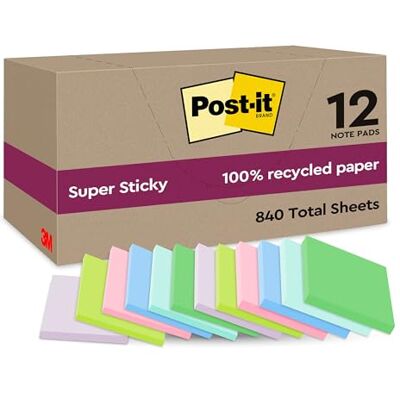Post-it Super Sticky Recycling-Notes, 12 Blöcke (840 Blatt), 47,6 x 47,6 mm Selbstklebende Haftnotizen mit Stärkerer Haftung, Klebezettel für Bürobedarf, Erinnerungen & To-Do-Listen; Repositionierbar Post-it Super Sticky Recycling-Notes, 12 Blöcke (840 Blatt), 47,6 x 47,6 mm Selbstklebende Haftnotizen mit Stärkerer Haftung, Klebezettel für Bürobedarf, Erinnerungen & To-Do-Listen; Repositionierbar
