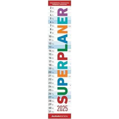 Alpha Superplaner 2025 Streifenkalender, 17x85cm, Küchenkalender mit einer großen Spalte für Termine, viel Platz für Notizmöglichkeiten, Mondphasen und deutschem Kalendarium Alpha Superplaner 2025 Streifenkalender, 17x85cm, Küchenkalender mit einer großen Spalte für Termine, viel Platz für Notizmöglichkeiten, Mondphasen und deutschem Kalendarium