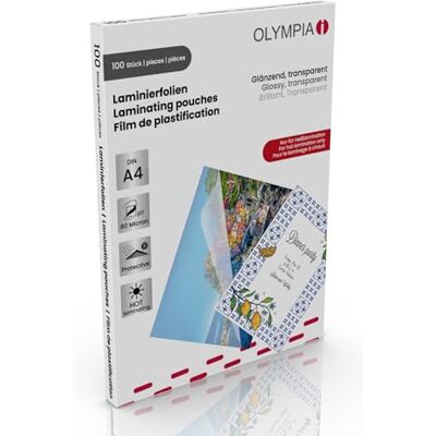 Olympia Laminierfolien A4 80 Mic, Hochwertige Laminierfolien im 100er Pack, transparent, glänzend, für den Einsatz zu Hause oder im Büro Olympia Laminierfolien A4 80 Mic, Hochwertige Laminierfolien im 100er Pack, transparent, glänzend, für den Einsatz zu Hause oder im Büro