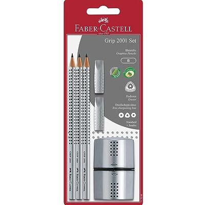 Faber-Castell Bleistifte Set Grip 2001, 6-teilig Mit 3 Bleistiften, 2 Radierern und 1 Spitzer, Schreibset für Kinder und Erwachsene Faber-Castell Bleistifte Set Grip 2001, 6-teilig Mit 3 Bleistiften, 2 Radierern und 1 Spitzer, Schreibset für Kinder und Erwachsene