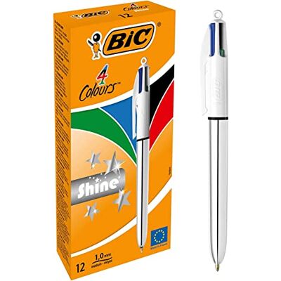 BIC 4 Farben Kugelschreiber Set 4 Colours Shine, in Silber, 12er Pack, Ideal für das Büro, das Home Office oder die Schule BIC 4 Farben Kugelschreiber Set 4 Colours Shine, in Silber, 12er Pack, Ideal für das Büro, das Home Office oder die Schule