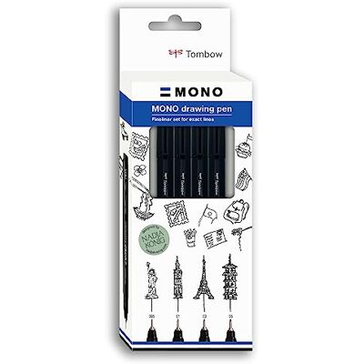 Tombow Fineliner MONO drawing pen, Fine Set, Pigmenttinte, Wasser- und Lichtresistent, zum Illustrieren und Zeichnen, Schwarz, 4er-Set, WS-EFL-H-F-4P Tombow Fineliner MONO drawing pen, Fine Set, Pigmenttinte, Wasser- und Lichtresistent, zum Illustrieren und Zeichnen, Schwarz, 4er-Set, WS-EFL-H-F-4P