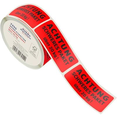 Avery Art. 7255 Warnetiketten Achtung! Schweres Paket über 20kg (200 Warnaufkleber auf Rolle, 100x50mm, selbstklebende Versandaufkleber, Paketkennzeichnung nach Postgesetz) neonrot Avery Art. 7255 Warnetiketten Achtung! Schweres Paket über 20kg (200 Warnaufkleber auf Rolle, 100x50mm, selbstklebende Versandaufkleber, Paketkennzeichnung nach Postgesetz) neonrot