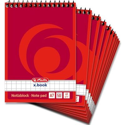 Herlitz Spiral-Notizblock x.book A7, kariert, 50 Blatt, ohne Rand, 10 Stück Herlitz Spiral-Notizblock x.book A7, kariert, 50 Blatt, ohne Rand, 10 Stück