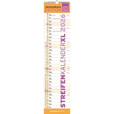 Alpha GROSSDRUCK Streifenplaner XL Kalender 2026 – 15x64 cm – Wandplaner – Ideal für Senioren, Büro & Familie – Großer Küchenkalender mit Feiertagen (DE/AT/CH) & Mondphasen Alpha GROSSDRUCK Streifenplaner XL Kalender 2026 – 15x64 cm – Wandplaner – Ideal für Senioren, Büro & Familie – Großer Küchenkalender mit Feiertagen (DE/AT/CH) & Mondphasen