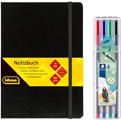 Idena 90325 Notizbuch DIN A5 mit 192 Seiten, kariert, inkl. 4 STAEDTLER Triplus Fineliner mit superfeiner, metallgefasster Spitze, 0.3 mm Idena 90325 Notizbuch DIN A5 mit 192 Seiten, kariert, inkl. 4 STAEDTLER Triplus Fineliner mit superfeiner, metallgefasster Spitze, 0.3 mm