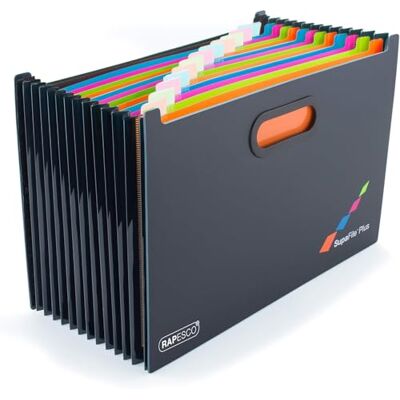 Rapesco 1552 SupaFile Plus 13-Teiliger Fächermappe, A4+ Erweiterbare Dokumentenmappe, Übergröße für Akten und Ordner, Schwarz mit Mehrfarbigen Trennblätter Rapesco 1552 SupaFile Plus 13-Teiliger Fächermappe, A4+ Erweiterbare Dokumentenmappe, Übergröße für Akten und Ordner, Schwarz mit Mehrfarbigen Trennblätter