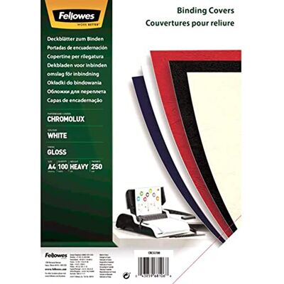 Fellowes Präsentationsdeckblatt Chromolux, Karton mit Lederstruktur, A4, 250 g/m² starker Karton, Farbe: weiß, 100 Stück Fellowes Präsentationsdeckblatt Chromolux, Karton mit Lederstruktur, A4, 250 g/m² starker Karton, Farbe: weiß, 100 Stück