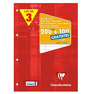 Clairefontaine 65818AMZC Set mit 3 Kursusblöcken, 150 Blatt, 90g, liniert mit Rand, 4-fach gelocht, 1 Set, Rot Clairefontaine 65818AMZC Set mit 3 Kursusblöcken, 150 Blatt, 90g, liniert mit Rand, 4-fach gelocht, 1 Set, Rot