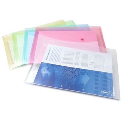 Rapesco 0696 ECO Recycelte Dokumentenmappe mit Druckknopf, A4+, 5 Stück Sortierte Transparente Pastellfarben Rapesco 0696 ECO Recycelte Dokumentenmappe mit Druckknopf, A4+, 5 Stück Sortierte Transparente Pastellfarben