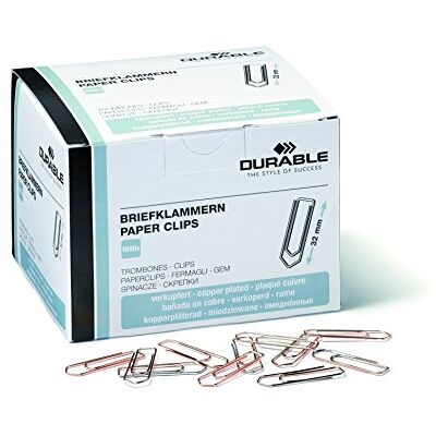 Durable Briefklammern 32 mm, 1000 Stück, verkupfert, 120924 Spitze Büroklammern zum Bündeln loser Unterlagen, Metallklammern für Büro und Alltag, Aktenklammern Durable Briefklammern 32 mm, 1000 Stück, verkupfert, 120924 Spitze Büroklammern zum Bündeln loser Unterlagen, Metallklammern für Büro und Alltag, Aktenklammern