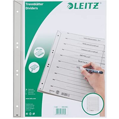 Leitz Register für A4, Deckblatt und 10 Trennblätter, Taben individuell zuschneidbar, 25 Stück, Überbreite, Grau, 100% Recyclingkarton, 16503085 Leitz Register für A4, Deckblatt und 10 Trennblätter, Taben individuell zuschneidbar, 25 Stück, Überbreite, Grau, 100% Recyclingkarton, 16503085