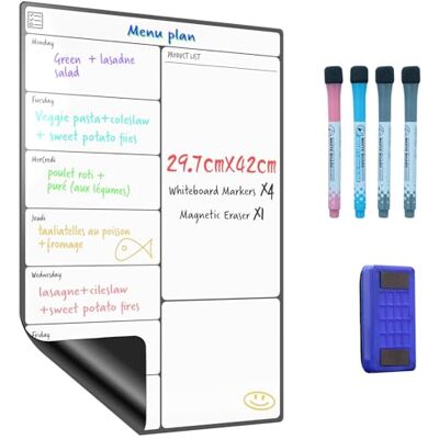 SURFOU Whiteboard Magnetisch Für Kühlschrank A3, Wochenplaner Abwischbarer Selbstklebend Mit 4 Whiteboardmarkern Und 1 Radierer, Magnettafel Für Zuhause Büro, Menüplaner Einkaufsliste To Do Liste SURFOU Whiteboard Magnetisch Für Kühlschrank A3, Wochenplaner Abwischbarer Selbstklebend Mit 4 Whiteboardmarkern Und 1 Radierer, Magnettafel Für Zuhause Büro, Menüplaner Einkaufsliste To Do Liste