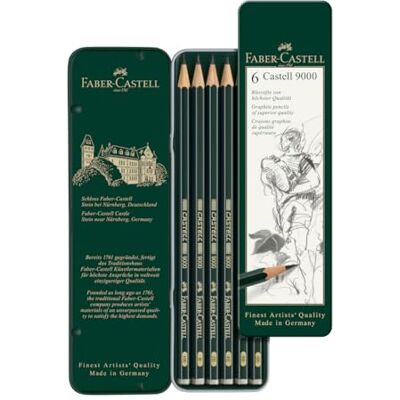 Faber-Castell Bleistifte Set Castell 9000 6-teilig im Metalletui Künstlerbleistifte Härtegrade HB 8B für Schreiben, Skizzieren und Zeichnen Faber-Castell Bleistifte Set Castell 9000 6-teilig im Metalletui Künstlerbleistifte Härtegrade HB 8B für Schreiben, Skizzieren und Zeichnen