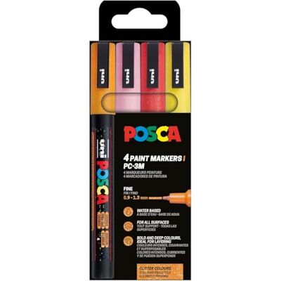 POSCA 186531 Marker Set, 4 Acrylstifte Glitzer PC-3M, Permanent Marker 0,9 1,3 mm Rundspitze POSCA 186531 Marker Set, 4 Acrylstifte Glitzer PC-3M, Permanent Marker 0,9 1,3 mm Rundspitze