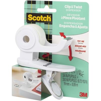 Scotch Clip&Twist Abroller C19, Weiß + Magic Tape, 1 Rolle, 19 mm x 8,89 m Nachfüllbarer Abroller für Zuhause und Büro; Lässt Sich an Tischen, Schreibtischen und Monitorständern Befestigen Scotch Clip&Twist Abroller C19, Weiß + Magic Tape, 1 Rolle, 19 mm x 8,89 m Nachfüllbarer Abroller für Zuhause und Büro; Lässt Sich an Tischen, Schreibtischen und Monitorständern Befestigen