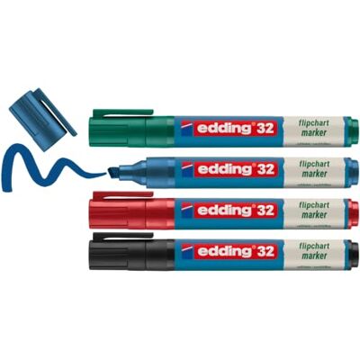edding 32 flipchart marker set multi-coloured 4 pens Chisel nib 1-5 mm marker for writing, drawing and marking on flipchart paper does not bleed through edding 32 flipchart marker set multi-coloured 4 pens Chisel nib 1-5 mm marker for writing, drawing and marking on flipchart paper does not bleed through