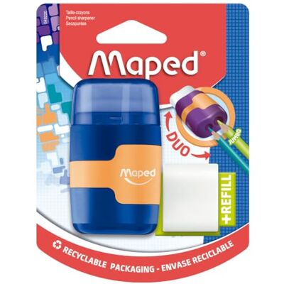 Maped 2in1 Radier/ Anspitzer CONNECT, 2-Loch für dicke und dünne Stifte, nachfüllbar, inkl. Ersatz-Radierer grün, blau, pink zufällige Farbauswahl Maped 2in1 Radier/ Anspitzer CONNECT, 2-Loch für dicke und dünne Stifte, nachfüllbar, inkl. Ersatz-Radierer grün, blau, pink zufällige Farbauswahl