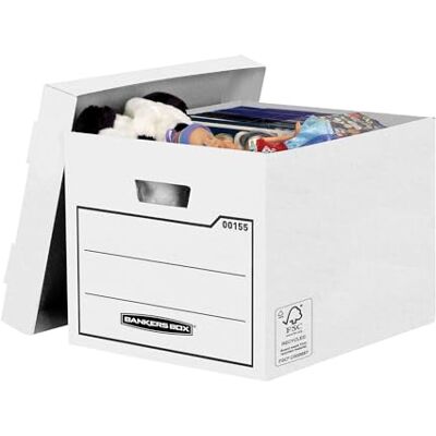 BANKERS BOX Aufbewahrungskarton mit Deckel aus stabiler B-Flute Wellpappe, braun, für Haushaltsgegenstände, Spielzeug, Dokumente, 100% recycelt und recycelbar, Farbe: weiß, Pack mit 10 Stück BANKERS BOX Aufbewahrungskarton mit Deckel aus stabiler B-Flute Wellpappe, braun, für Haushaltsgegenstände, Spielzeug, Dokumente, 100% recycelt und recycelbar, Farbe: weiß, Pack mit 10 Stück