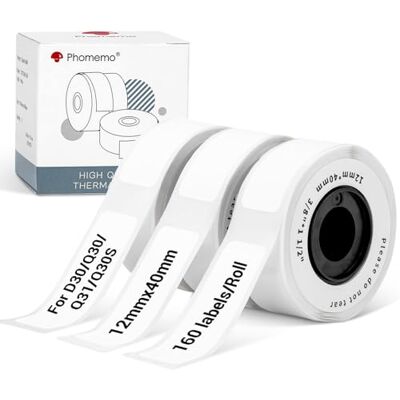 Phomemo D30 Etiketten, Weiß Etiketten Selbstklebend Kompatibel mit Colorwing Q30, D30 Q31 Q30S Etikettendrucker, 12mm x 40mm Schriftband mit 160 Blatt/Rolle, 3 Rollen Phomemo D30 Etiketten, Weiß Etiketten Selbstklebend Kompatibel mit Colorwing Q30, D30 Q31 Q30S Etikettendrucker, 12mm x 40mm Schriftband mit 160 Blatt/Rolle, 3 Rollen