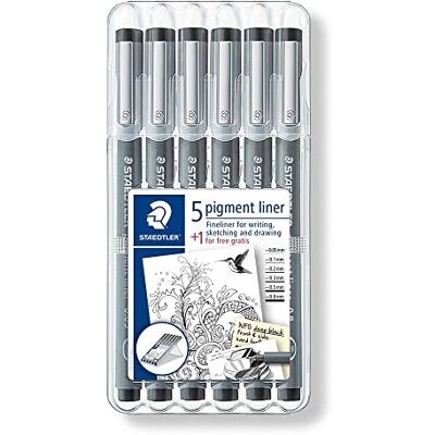Staedtler Fineliner Set pigment liner, 6 Linienbreiten, hohe Qualität, Pigmenttinte, dokumentenecht, lichtbeständig, schwarz, 5 Fineliner und 1 Stück gratis, 308 SB6P1 Staedtler Fineliner Set pigment liner, 6 Linienbreiten, hohe Qualität, Pigmenttinte, dokumentenecht, lichtbeständig, schwarz, 5 Fineliner und 1 Stück gratis, 308 SB6P1