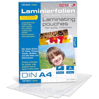 GENIE Laminierfolien A4 80 Mic, Hochwertige Laminierfolien im 100er Pack, transparent, glänzend, für den Einsatz zu Hause oder im Büro GENIE Laminierfolien A4 80 Mic, Hochwertige Laminierfolien im 100er Pack, transparent, glänzend, für den Einsatz zu Hause oder im Büro