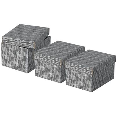 Esselte 3er Set kleine Aufbewahrungs- & Geschenkboxen mit Deckel, Schachteln für Wohnung/Büro & Geschenkverpackung, 100% recycelter Karton, 100% recycelbar, geometrische Designs, Grau, 628281 Esselte 3er Set kleine Aufbewahrungs- & Geschenkboxen mit Deckel, Schachteln für Wohnung/Büro & Geschenkverpackung, 100% recycelter Karton, 100% recycelbar, geometrische Designs, Grau, 628281