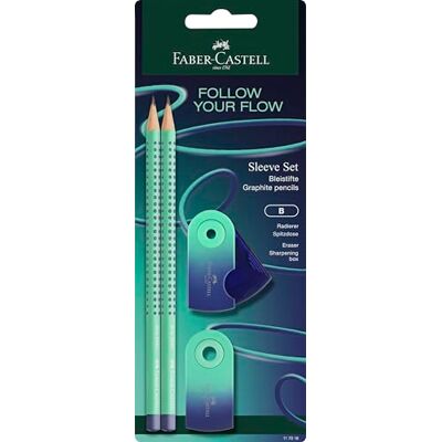 Faber-Castell Schreibset Flow Edition Buzzing Blue 4-teilig Mit 2 Bleistiften, Radiergummi und Anspitzer für Kinder und Erwachsene Faber-Castell Schreibset Flow Edition Buzzing Blue 4-teilig Mit 2 Bleistiften, Radiergummi und Anspitzer für Kinder und Erwachsene