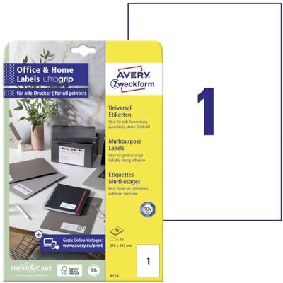 Avery 6125 Universal Etiketten (10 Klebeetiketten, 210x297 mm auf A4, bedruckbare Adressaufkleber, selbstklebende Versandetiketten mit ultragrip, ideal fürs HomeOffice) 10 Blatt, weiß Avery 6125 Universal Etiketten (10 Klebeetiketten, 210x297 mm auf A4, bedruckbare Adressaufkleber, selbstklebende Versandetiketten mit ultragrip, ideal fürs HomeOffice) 10 Blatt, weiß