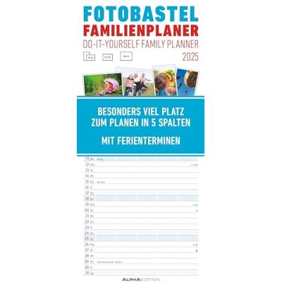Alpha Foto-Bastel-Familienplaner 2025 Bastelkalender, 19,5x45cm, Wandkalender mit 5 Spalten für Termine, Mondphasen, Ferientermine DE/AT/CH und deutsches Kalendarium Alpha Foto-Bastel-Familienplaner 2025 Bastelkalender, 19,5x45cm, Wandkalender mit 5 Spalten für Termine, Mondphasen, Ferientermine DE/AT/CH und deutsches Kalendarium