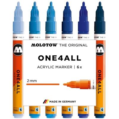 Molotow One4All 127HS Acryl Marker Blue Set, 6 Stück sortiert 2,0 mm Strichstärke, hochdeckend und permanent, schnell trocknend, UV-beständig, nachfüllbar, für fast alle Untergründe Molotow One4All 127HS Acryl Marker Blue Set, 6 Stück sortiert 2,0 mm Strichstärke, hochdeckend und permanent, schnell trocknend, UV-beständig, nachfüllbar, für fast alle Untergründe