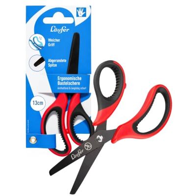 Läufer Kinderschere mit Softgriff für Linkshänder Rund, Rot/Schwarz 13 cm Länge I Schulschere mit titanbeschichteter Klinge für leichtes Schneiden I Robuste & ergonomische Bastelschere Läufer Kinderschere mit Softgriff für Linkshänder Rund, Rot/Schwarz 13 cm Länge I Schulschere mit titanbeschichteter Klinge für leichtes Schneiden I Robuste & ergonomische Bastelschere