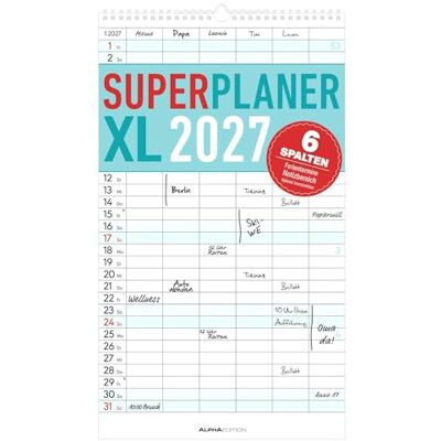 Alpha Superplaner XL 6 Spalten 2027: Familienkalender 26x45 cm mit 6 Spalten, Schulferien, Feiertagen & Notizfeld, ideal für Familienorganisation Alpha Superplaner XL 6 Spalten 2027: Familienkalender 26x45 cm mit 6 Spalten, Schulferien, Feiertagen & Notizfeld, ideal für Familienorganisation