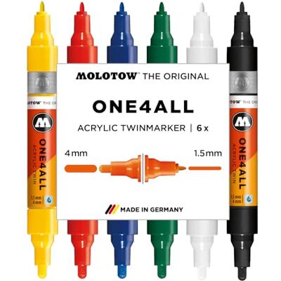 Molotow One4All Acrylic Twin Marker Basic Set 1 (1,5 und 4,0 mm Strichstärke, hochdeckend und permanent, schnell trocknend, nachfüllbar, für fast alle Untergründe) 6 Stück sortiert Molotow One4All Acrylic Twin Marker Basic Set 1 (1,5 und 4,0 mm Strichstärke, hochdeckend und permanent, schnell trocknend, nachfüllbar, für fast alle Untergründe) 6 Stück sortiert