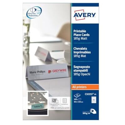 Avery Zweckform C32253-25 Tischkarten (100 Stück, 185g, 110x40 mm, blanko, beidseitig bedruckbar, matt weiß, extra feine Mikroperforation, 25 Blatt) zum Selbstbedrucken auf allen Druckern Avery Zweckform C32253-25 Tischkarten (100 Stück, 185g, 110x40 mm, blanko, beidseitig bedruckbar, matt weiß, extra feine Mikroperforation, 25 Blatt) zum Selbstbedrucken auf allen Druckern